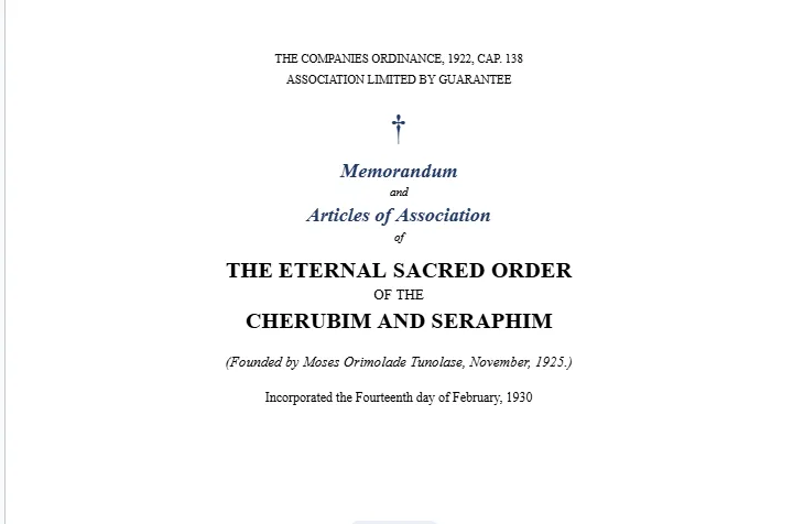 Cherubim and Seraphim Memorandum and Articles Of Association 1930 — Seraphmedia
